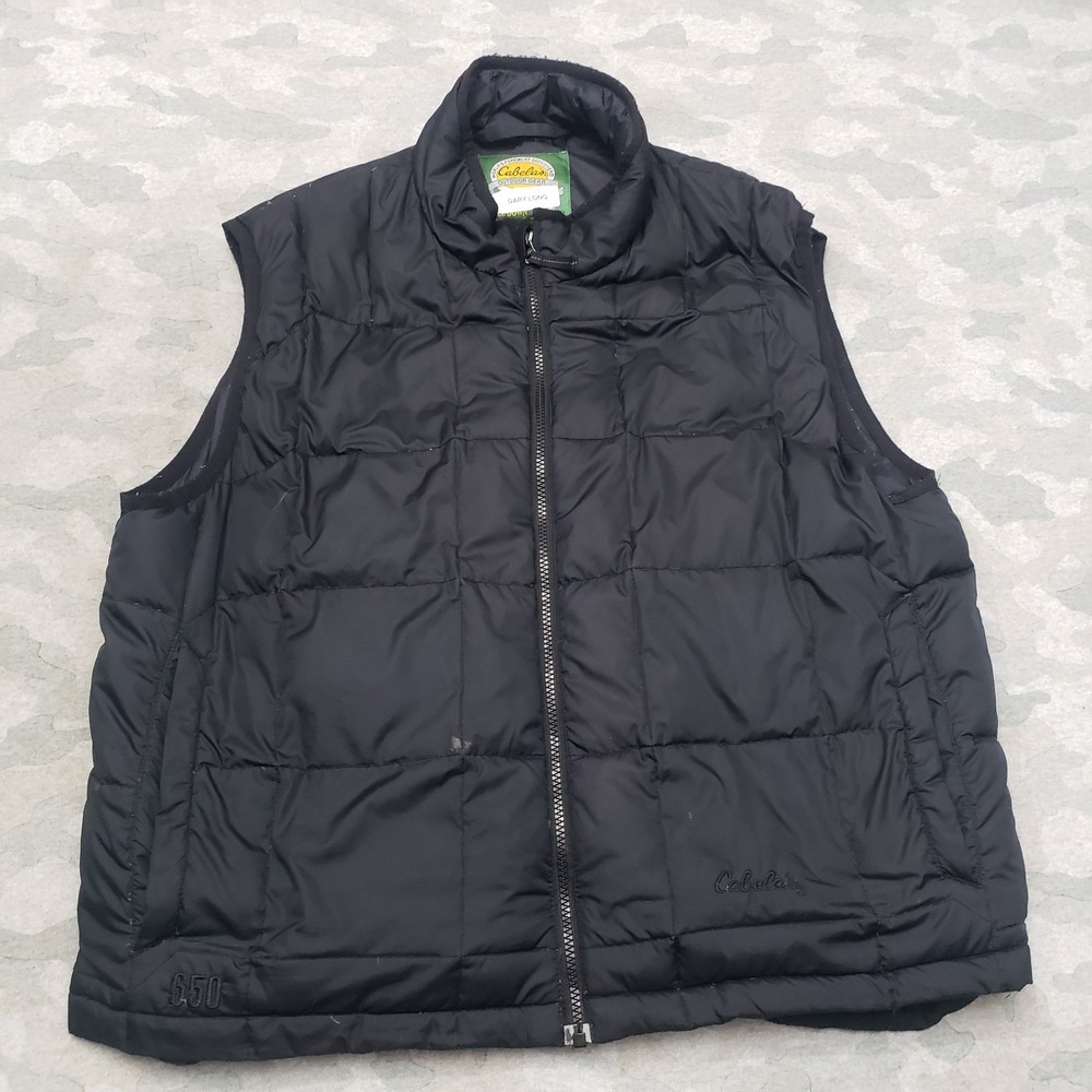 Cabela's Puffer Vest‎ Mens Large Black Full Zip Goose Down Outdoor Gear 650